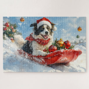 Border Collie-hond in slee laat het sneeuwen Kerst Legpuzzel