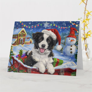 Border Collie Hond in Sleigh Sneeuw Kerstmis Kaart