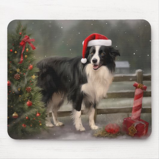Border Collie Hond in Sneeuw Kerstmis Muismat (Voorkant)