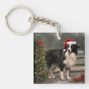 Border Collie Hond in Sneeuw Kerstmis Sleutelhanger