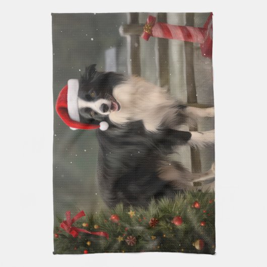 Border Collie Hond in Sneeuw Kerstmis Theedoek (Verticaal)