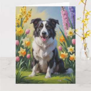 Border Collie-hond lente bloemen schilderij Kaart