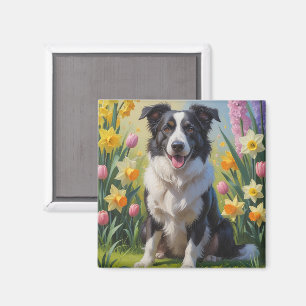 Border Collie-hond lente bloemen schilderij Magneet