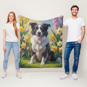 Border Collie Hond Lentere Bloemen Schilderij Fleece Deken