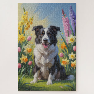 Border Collie Hond Lentere Bloemen Schilderij Legpuzzel