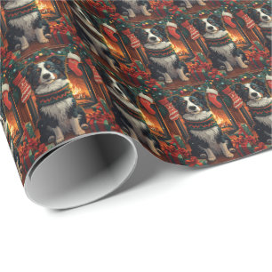 Border Collie  Hond met Kerstcadeaus Haard Cadeaupapier