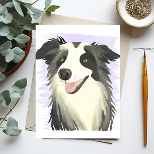 Border Collie   Hond Mooie Huisdier Waterverf Briefkaart
