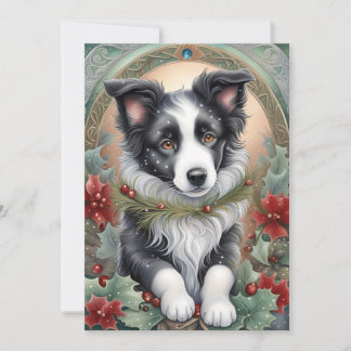 Border Collie Hond Poinsettias Holly Kerstmis Feestdagenkaart
