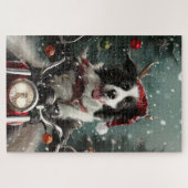 Border Collie Hond Rijden Motorfiets Kerstmis Legpuzzel (Horizontaal)