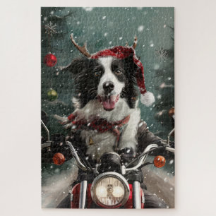 Border Collie Hond Rijden Motorfiets Kerstmis Legpuzzel