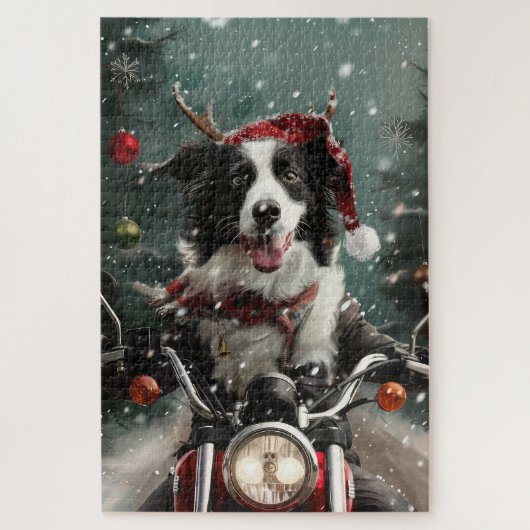 Border Collie Hond Rijden Motorfiets Kerstmis Legpuzzel (Verticaal)