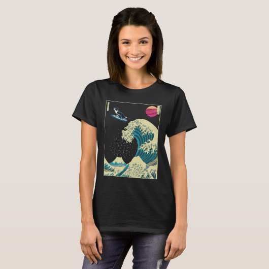 Border Collie Hond Surfen op een Kanagawa Wave Jap T-shirt (Voorkant volledig)
