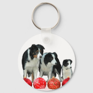 Border Collie Honden met Rode Kerstmis Ornamenten Sleutelhanger