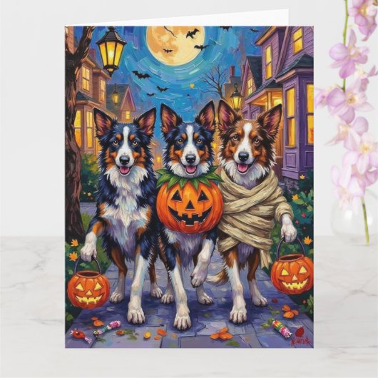 Border Collie Honden Trick-or-Treating in Hallowee Kaart (Orchidee)