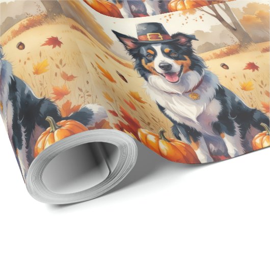 Border Collie in Autumn verlaat Thanksgiving Cadeaupapier (Rol Hoek)