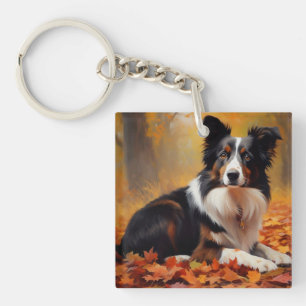 Border Collie in herfstbladeren val inspireert Sleutelhanger