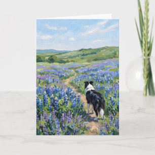 Border Collie in Paarse Bloemen Blank Kaart