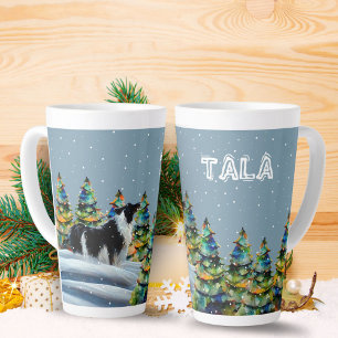Border Collie in Winter Sneeuwbos Kerstboom Latte Mok