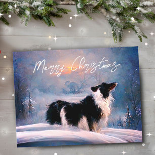 Border Collie in winters landschapschilderij met K Feestdagenkaart