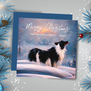 Border Collie in wintersneeuwlandschap Kerstmis Feestdagenkaart