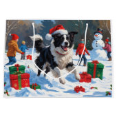 Border Collie Kerst Feestelijke Sneeuwscène Groot Cadeauzakje (Voorkant)