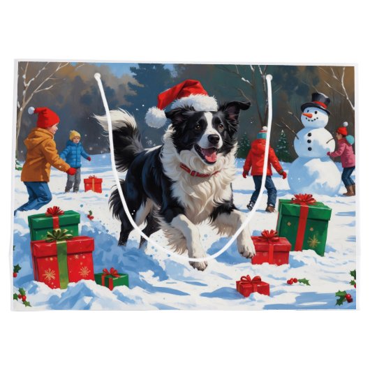 Border Collie Kerst Feestelijke Sneeuwscène Groot Cadeauzakje (Achterkant)