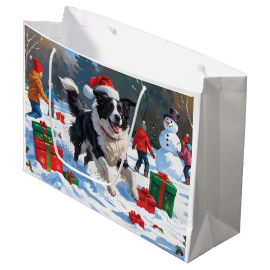Border Collie Kerst Feestelijke Sneeuwscène Groot Cadeauzakje (Voorkant Gekanteld)