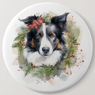 Border Collie Kerstkrans Feestelijke Pup Ronde Button 6,0 Cm