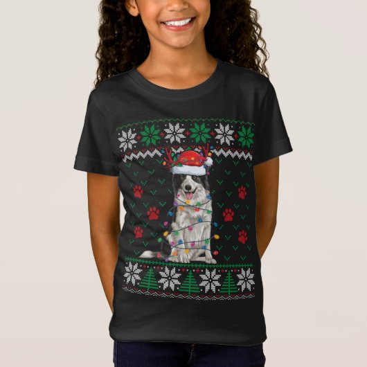 Border Collie Kerstlights Santa Reindeer Ugly T-shirt (Voorkant)