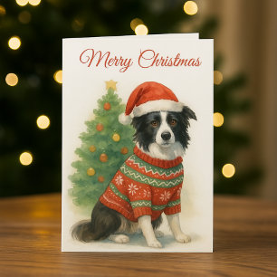 Border Collie Kerstman Sinterklaas Hoed & Boom Feestdagen Kaart