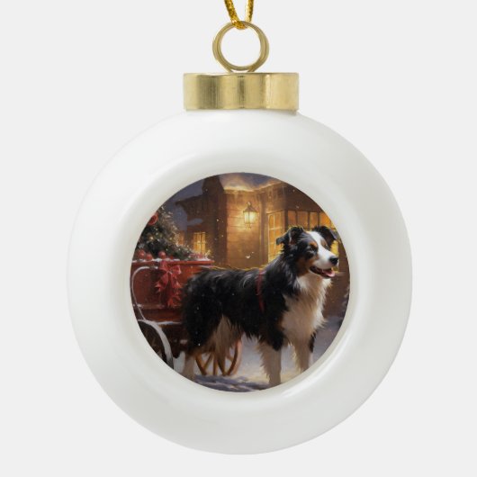 Border Collie Kerstmis Feestelijk Seizoen Keramische Bal Ornament (Voorkant)