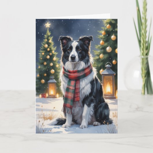 Border Collie Kerstsneeuw Scene Waterverf Kaart (Voorkant)