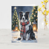 Border Collie Kerstsneeuw Scene Waterverf Kaart (Gele Bloem)