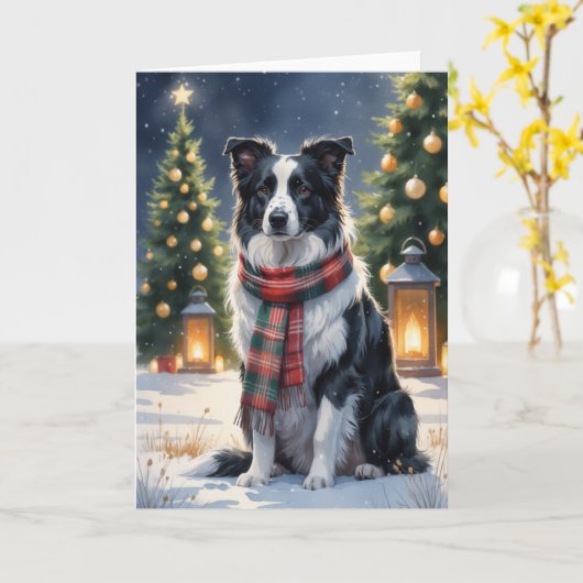 Border Collie Kerstsneeuw Scene Waterverf Kaart (Gele Bloem)