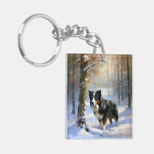 Border Collie Laat het sneeuwen Kerstmis Sleutelhanger (Voorkant Links)