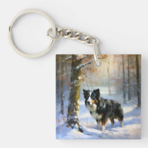 Border Collie Laat het sneeuwen Kerstmis Sleutelhanger