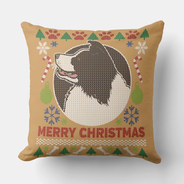 Border Collie Merry Kerstmis Ugly Sweater Kussen (Voorkant)