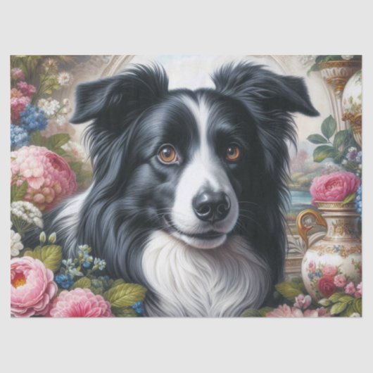 Border Collie met Bloemen Vloeipapier Tissuepapier (Voorkant)