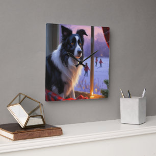 Border Collie met kerstlichtjes vakantie Vierkante Klok