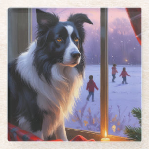 Border Collie Met Kerstverlichting Vakantie Glazen Onderzetter