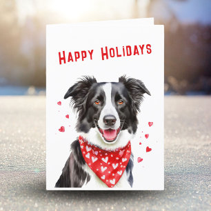 Border Collie met Rode Hart Sjaal Kerstmis Feestdagen Kaart