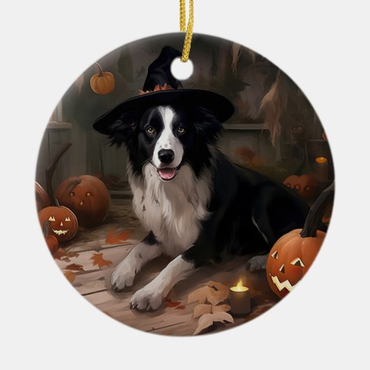 Border Collie Pumpkins Halloween Eng Keramisch Ornament (Voorkant)