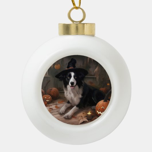 Border Collie Pumpkins Halloween Eng Keramische Bal Ornament (Voorkant)
