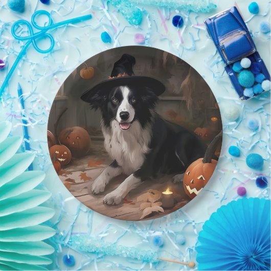 Border Collie Pumpkins Halloween Eng Papieren Bordje (Feest)