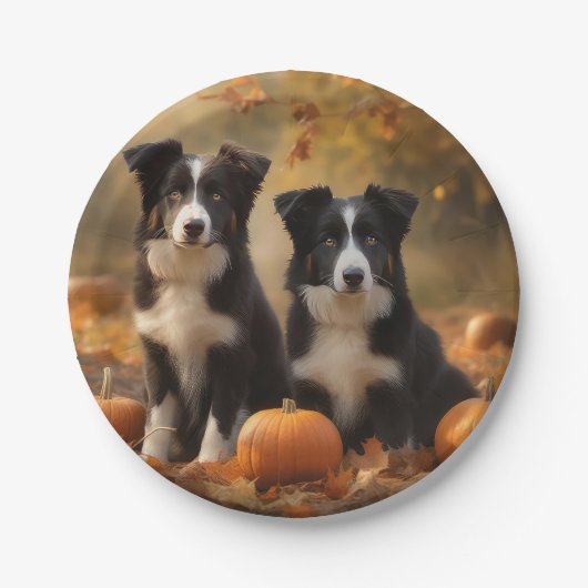 Border Collie Puppy Herfst Delight Pompoen Papieren Bordje (Voorkant)