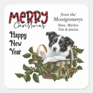 Border Collie Puppy Holly Basket Kerstmis Vierkante Sticker
