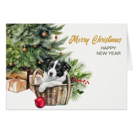 Border Collie Puppy Rieten Mand Kerstmis (Voorkant Horizontaal)