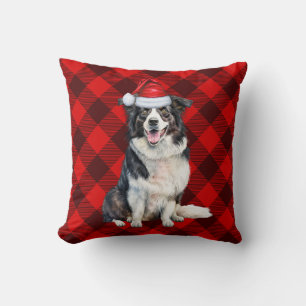 Border Collie Red Buffalo Plaid Kersthond Kussen