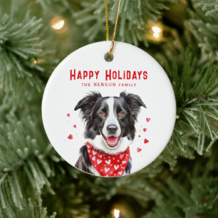 Border Collie Red Heart Bandana Kerstmis Keramisch Ornament
