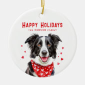 Border Collie Red Heart Bandana Kerstmis Keramisch Ornament (Voorkant)